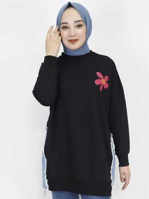 Siyah İp Kumaş Kot Garnili Ve Baskılı Sweatshirt