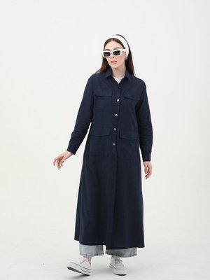 Uzun Keten Trençkot Lacivert