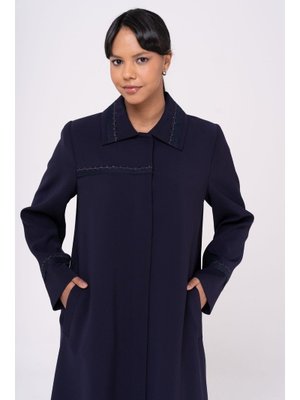Lacivert Gömlek Yaka Organze Ve İşleme Detaylı Büyük Beden Astarlı Pardesü