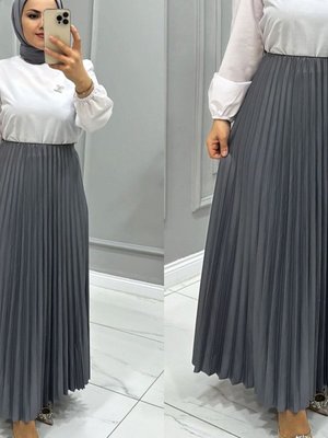 Gri Deri Görünümlü Piliseli Uzun Etek Gri Deri Görünümlü Piliseli Uzun Etek