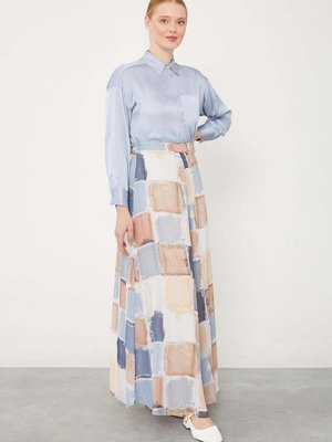 İndigo Kare Desen Geniş Paçalı Pantolon