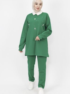 Yeşil Gömlek Yaka İnci Ve Taş Detaylı İp Kumaş Takım Yeşil Gömlek Yaka İnci Ve Taş Detaylı İp Kumaş Takım