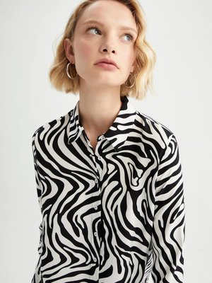 Regular Fit Gömlek Yaka Zebra Desenli Uzun Kollu Tunik