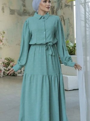 Mint Kendinden Dokulu Kuşaklı Uzun Balon Kollu Yazlık Aerobin Elbise Mint Kendinden Dokulu Kuşaklı Uzun Balon Kollu Yazlık Aerobin Elbise