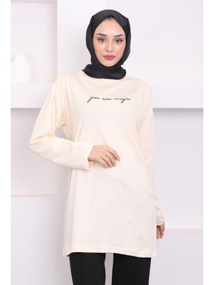 Ekru Baskılı Uzun Kol Penye Tunik Ekru Baskılı Uzun Kol Penye Tunik