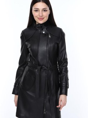 Siyah Hakiki Deri Kuşaklı Uzun Ceket