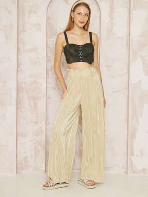 Sarı Gold Dokulu Beli Lastikli Yüksek Bel Bol Paça Salaş Rahat Bürümcük Örme Pantolon