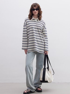 Andy Yakalı Sweatshırt İnce Çizgili Lacivert