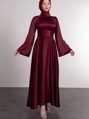 İspanyol Kol Beli Dolamalı Saten Abiye Elbise