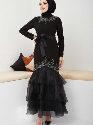 Siyah Organize Taşlı Abiye Elbise