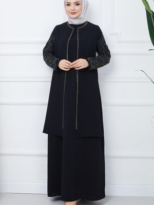 Kolları Taşlı Büyük Beden Anne Elbisesi Siyah
