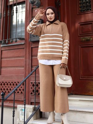 Vizon Giyim Gömlek Yaka Ve Fermuarlı Önü Çizgili Triko Pantolon İkili Takım Vizon Giyim Gömlek Yaka Ve Fermuarlı Önü Çizgili Triko Pantolon İkili Takım