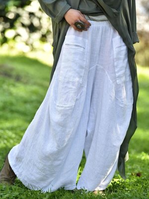 Beyaz İtalyan Cepli Keten Şalvar