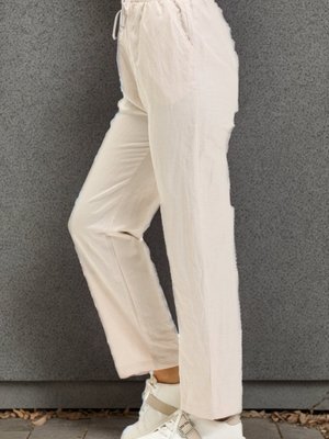 Bej Beli Lastikli Cepli Keten Pantolon