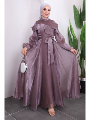 Lila Ön Detaylı Balon Kol Abiye Elbise