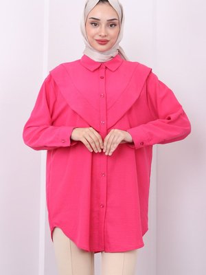 Fuşya Yaka Detaylı Keten Tunik