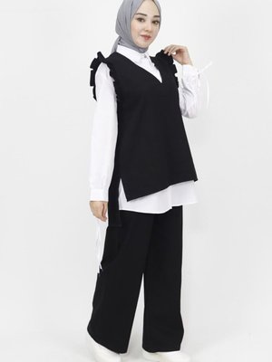 Siyah Fırfır Detaylı Kot Kumaş 3lü Takım Siyah Fırfır Detaylı Kot Kumaş 3lü Takım