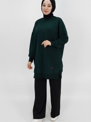 Haki İki İp Kumaş Basic Tunik Sweatshirt Haki İki İp Kumaş Basic Tunik Sweatshirt