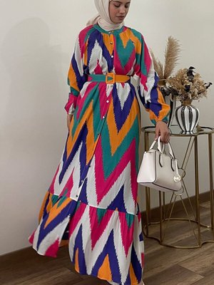 Fuşya Beyaz Zikzak Desen Kemerli Oversize Yazlık Viskon Elbise