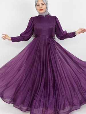 Mor Simli Kumaş Kemeri Taşlı Abiye Elbise Mor Simli Kumaş Kemeri Taşlı Abiye Elbise