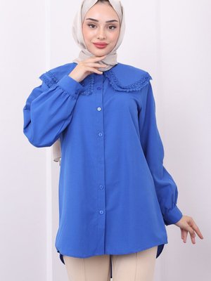 Saks Mavisi Bebe Yaka Güpürlü Gömlek