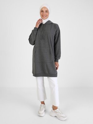 Kapüşonlu Uzun Sweatshirt Antrasit