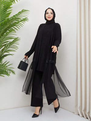 Siyah Sandy Pantolonlu Üçlü Taş Ve Tül Detaylı Lü Takım