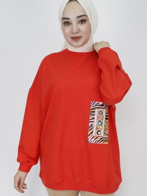 Oranj İp Kumaş İnci Ve Baskı Detaylı Oversize Sweatshirt Oranj İp Kumaş İnci Ve Baskı Detaylı Oversize Sweatshirt