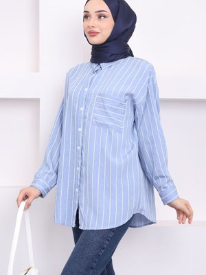 Bebe Mavi Tek Cepli Çizgili Lilyum Gömlek