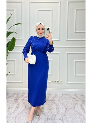 Saks İnci Detaylı Özel Gün Abiye Elbise Saks İnci Detaylı Özel Gün Abiye Elbise