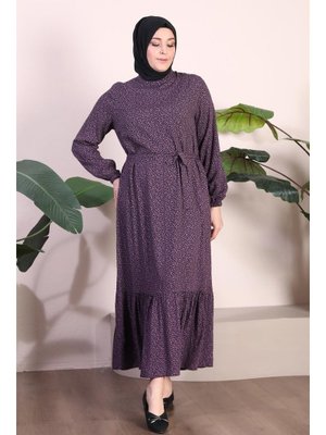 Lila Kadin Büyük Beden Hakim Yaka Çıtır Viskon Elbise