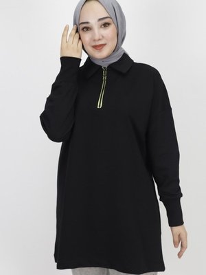 Siyah İp Kumaş Yaka Fermuar Detaylı Sweatshirt Siyah İp Kumaş Yaka Fermuar Detaylı Sweatshirt