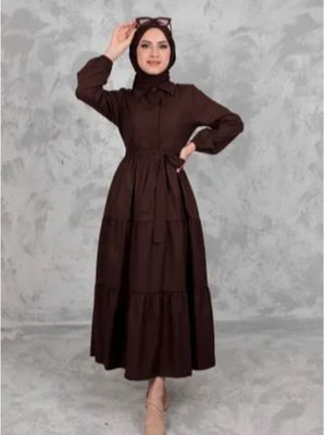 Acı Kahve Standart Yaka Düğmeli Elbise