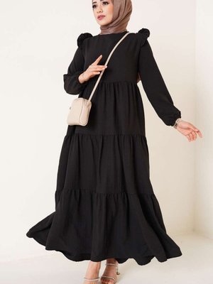 Siyah Omuz Fırfır Detaylı Terikoton Elbise