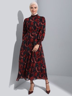 Gipe Detaylı Şifon Desenli Elbise Yesil Kahve Etnik Desenli