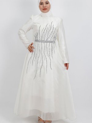 Beyaz Tül Kumaş Önü Taş Detaylı Abiye Elbise Beyaz Tül Kumaş Önü Taş Detaylı Abiye Elbise