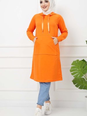 Oranj Kapüşonlu Kanguru Cep Tunik