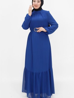 Saks Şifon Kumaş Balon Kol Abiye Elbise Saks Şifon Kumaş Balon Kol Abiye Elbise