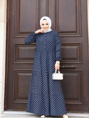 Lacivert Yazlık Önü Düğmeli Dokuma Viskon Kumaş Şık Puantiyeli Elbise Lacivert Yazlık Önü Düğmeli Dokuma Viskon Kumaş Şık Puantiyeli Elbise