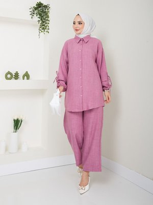 Düğmeli Keten İkili Takım Düğmeli Keten İkili Takım