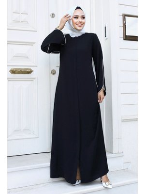 Siyah Biye Detaylı Fermuarlı Ferace