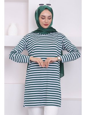 Zümrüt Yeşili Çizgili Uzun Kol Tunik Zümrüt Yeşili Çizgili Uzun Kol Tunik