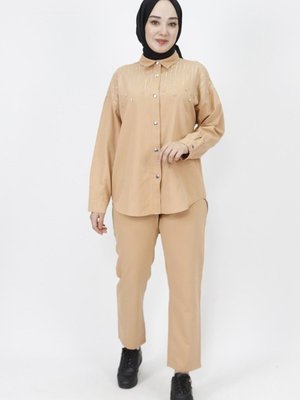 Camel Gabardin Kumaş Taş Detaylı 2li Takım Camel Gabardin Kumaş Taş Detaylı 2li Takım