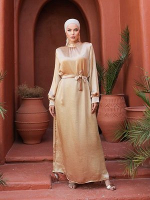 Sarı Saten Uzun Balon Kol Özel Gün / Mezuniyet Şık Abiye Elbise