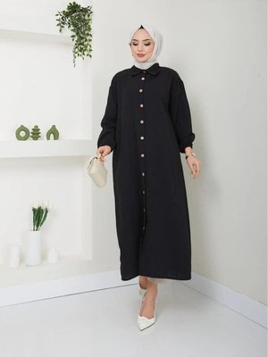 Uzun Kollu Ahşap Düğmeli Gömlek Yaka Maxi Boy Yırtmaçlı Viskon Tunik