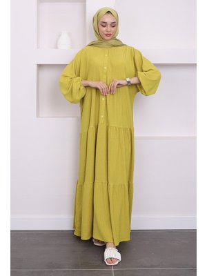 Fıstık Yeşili Kol Lastikli Eteği Katlı Salaş Elbise Fıstık Yeşili Kol Lastikli Eteği Katlı Salaş Elbise