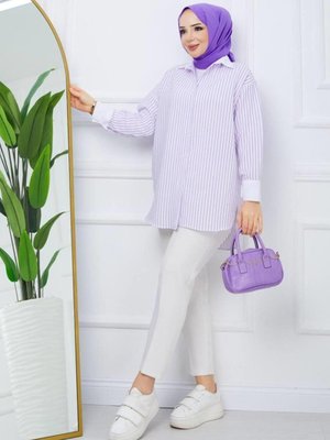 Lila Çizgili Yaka Ve Manşet Garnili Tunik Lila Çizgili Yaka Ve Manşet Garnili Tunik