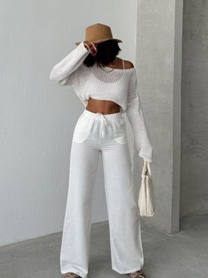 Ekru Keten Karışımlı Bol Kesim Pantolon