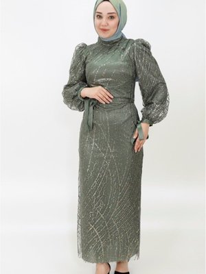 Haki Simli Tül Kumaş Balon Kol Abiye Elbise Haki Simli Tül Kumaş Balon Kol Abiye Elbise