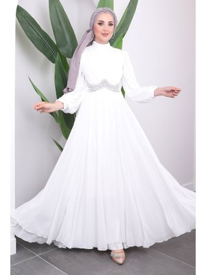 Beyaz Taşlı Detaylı Piliseli Şifon Abiye Elbise